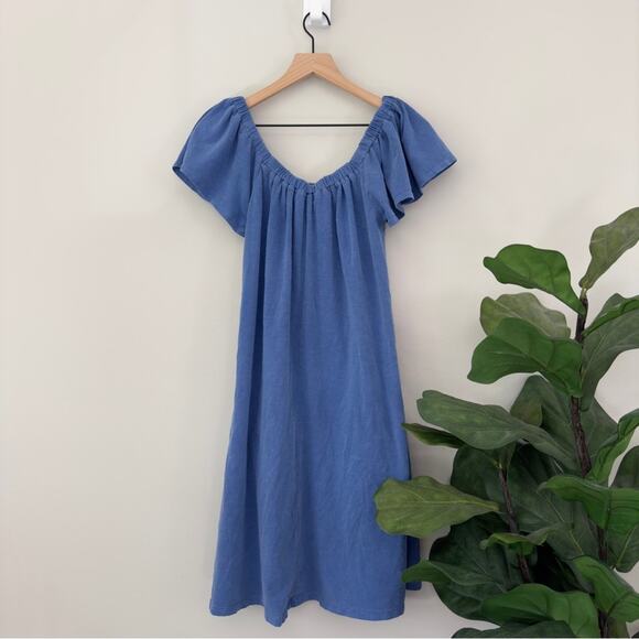 Sundry Mini Trapeze Dress Blue Square Neck Flutter Sleeve Sundress Cotton Summer - Picture 4 of 7